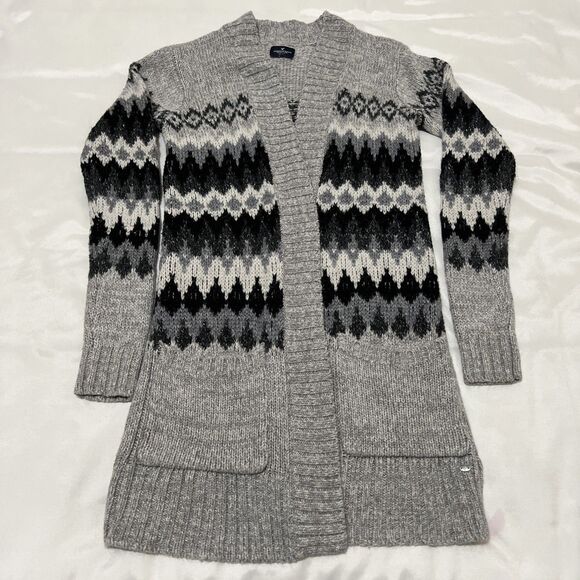 American Eagle Fair Isles Gray Print  Open front Cardigan Sweater Duster Women - Picture 5 of 12